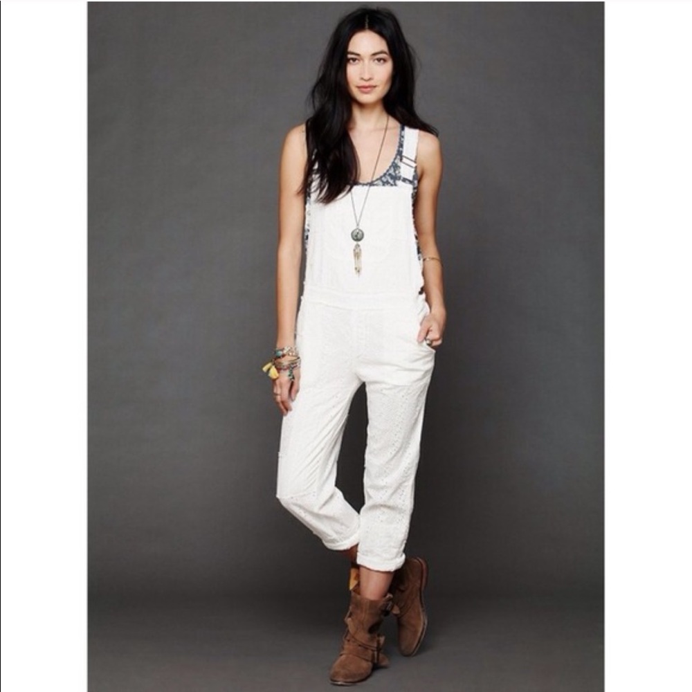 Free People Eyelet Cream Overalls